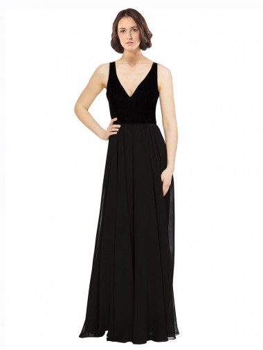 Stretch Velvet and Chiffon Prom Dress with V-Neckline