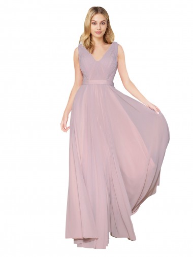 Draped V-Neck Long Chiffon Prom Dress with Shirred Bodice