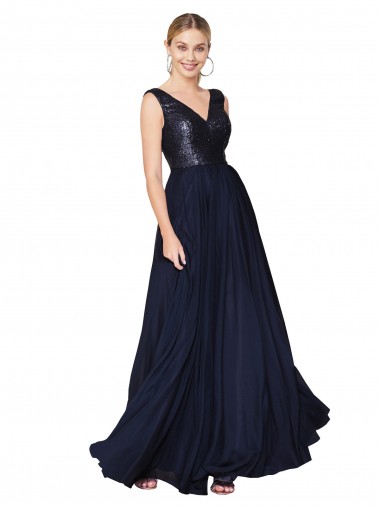 High Neck V-Neck Long Chiffon Prom Dress with Sequin Top