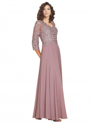 Hand-Beaded Bodice V-Neckline Long Sleeves Chiffon Prom Dress