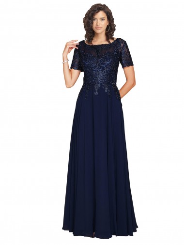 Short Sleeves A-Line Long Chiffon Prom Dress with Beaded Bodice