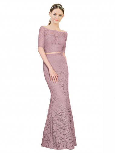 Short Sleeves Crop Top Mermaid Lace Prom Dress