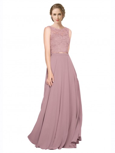Long A-Line Chiffon Prom Dress with Sleeveless Lace Crop Top