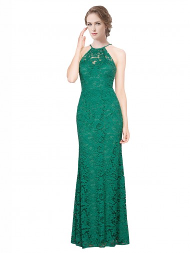 High Illusion Halter Neck Long Lace Prom Dress