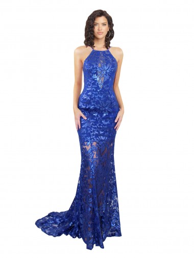 High Neck Long Open Back Lace Prom Dress with Train