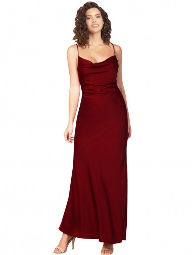 Cowl Neck Low Back Silky Satin Prom Dress with Thin Back Straps