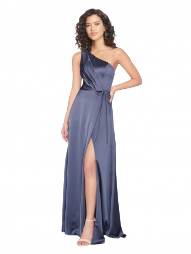 Draped Silky Satin Prom Dress with Tied Waist