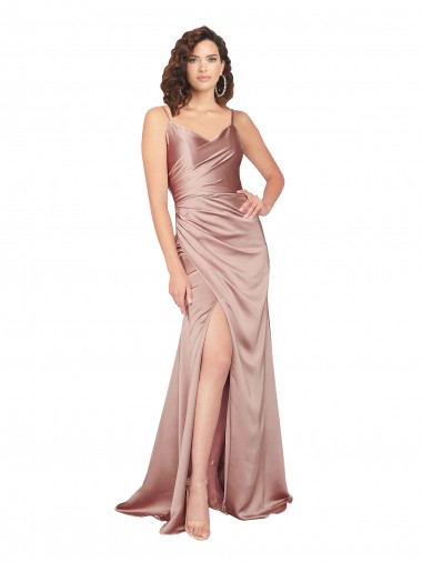 Floor Length Silky Satin Prom Dress with Front Skirt Slit
