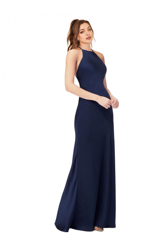High Neck Satin Prom Dress with Strappy Back