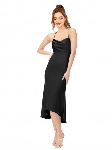 High Low Silky Satin Cowl Neck Midi Length Cocktail Prom Dress / Homecoming Dress