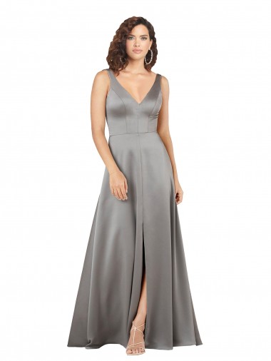 Plunging V-Neckline Long A-Line Silky Satin Prom Dress