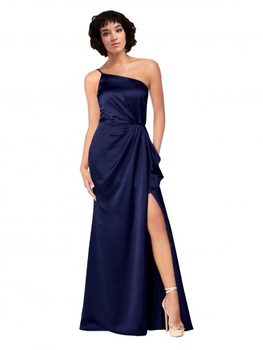 One Shoulder Silky Satin Prom Dress with Skirt Slit