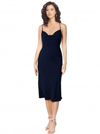 Short Midi Length Silky Satin Cocktail Prom Dress / Homecoming Dress with Cowl Neck and Cross Back Straps