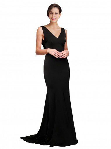 V-Neck Full Length Silky Satin Prom Dress with Soft Cowl Neck and Sweep Train