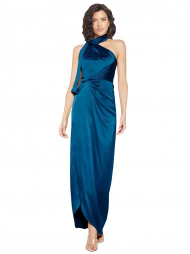 High Halter Neck Silky Satin Prom Dress with Sash Overlay and Side Split