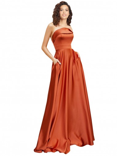 Strapless Sweep Train Silky Satin Prom Dress with Pleats