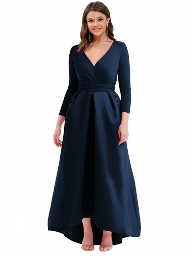 Long Sleeves Wrapped Spandex Prom Dress with High Low Full Skirt and Pockets