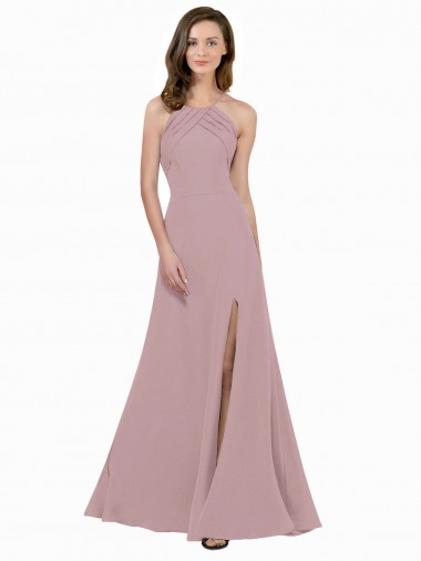 High Neck Crepe Prom Dress with Pleats and Keyhole Back