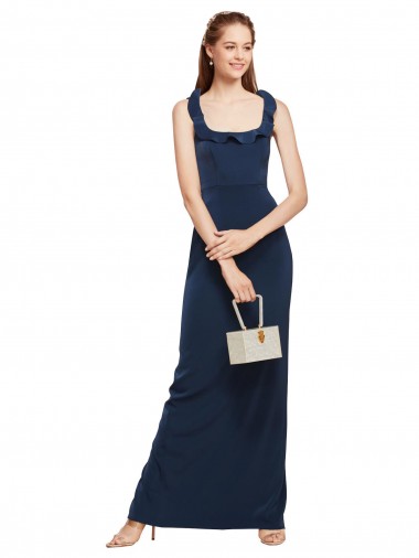 Scoop Neck with Ruffles Long Crepe Prom Dress with Back Slit