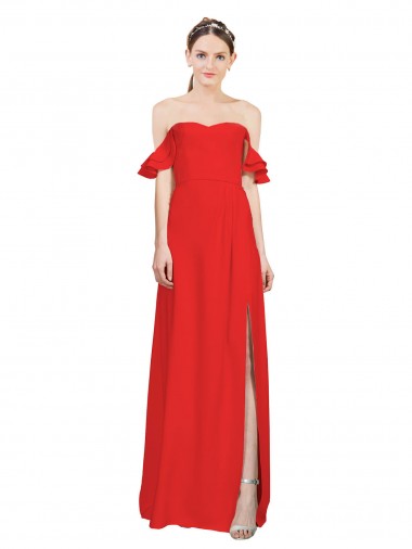 Double Ruffle Flounce Sleeves Crepe Prom Dress with Slit