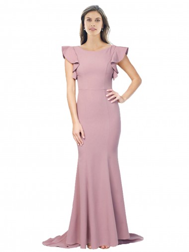 Flutter Sleeves Low V-Back High Round Neck Crepe Prom Dress