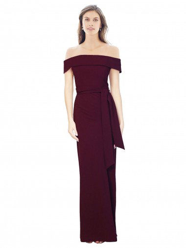 Off the Shoulder Long Crepe Prom Dress with Waist Tie