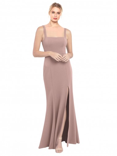 Square Neck Fit and Flare Long Stretch Crepe Prom Dress with Side Slit