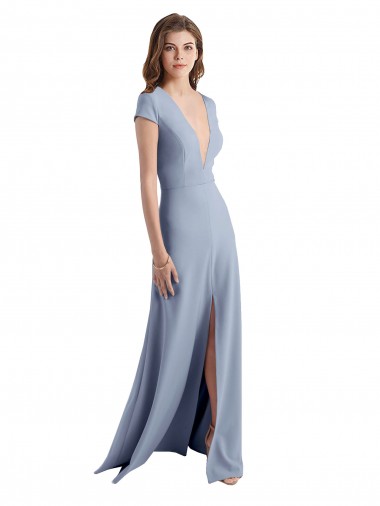 Plunging V-Neck Cap Sleeves Stretch Crepe Prom Dress with Front Slit