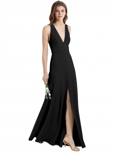 Sleek Halter V-Neck Long A-Line Stretch Crepe Prom Dress with Front Slit