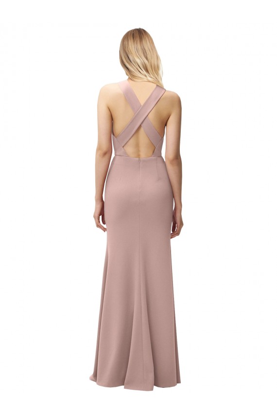 Long Floor Length High Neck Fit and Flare Stretch Crepe Prom Dress with Side Slit