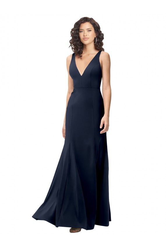 Classic V-Neck Long Stretch Crepe Prom Dress with V-Back