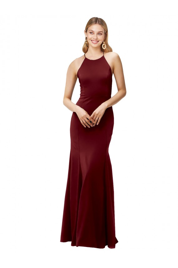 Fit and Flare Halter Neckline Stretch Crepe Prom Dress with Strappy Back