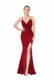 Spaghetti Straps V-Neck Long Crepe Dress with High Slit
