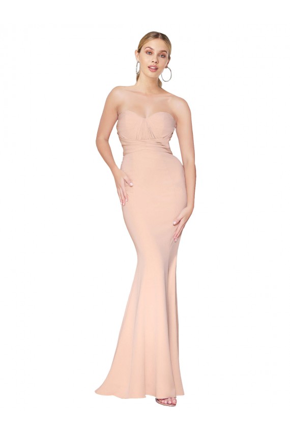 Sweetheart Shirred Neck Long Floor Length Crepe Prom Dress