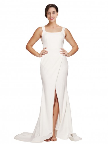 Square Neck Long Sheath Sweep Train Crepe Prom Dress 