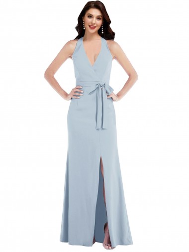 Open Back Halter Maxi Crepe Prom Dress with Draped Bow