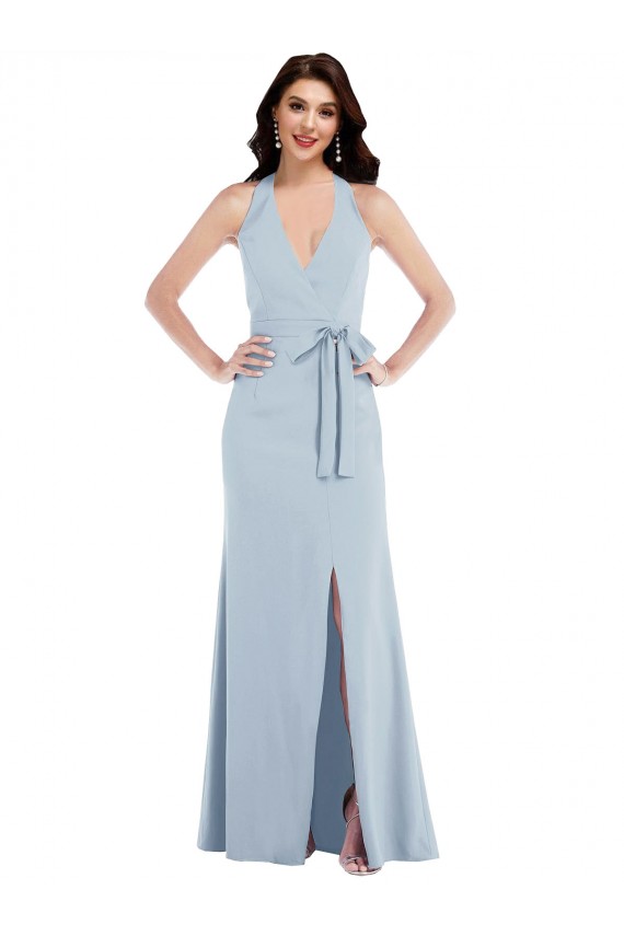 Open Back Halter Maxi Crepe Prom Dress with Draped Bow