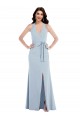 Open Back Halter Maxi Crepe Prom Dress with Draped Bow