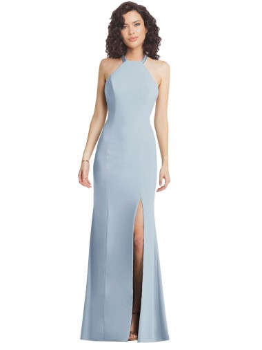 High Neck Halter Crepe Prom Dress with Twist Criss Cross Back