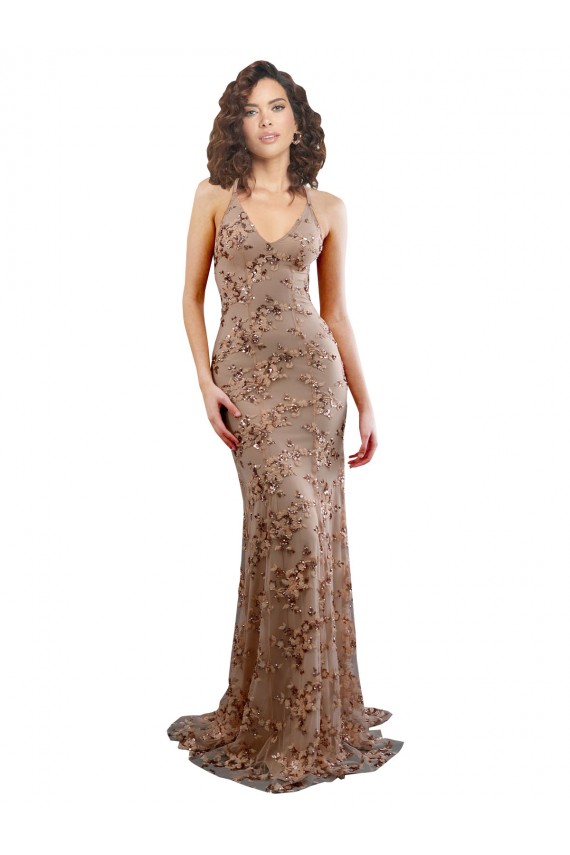Floral Patterned Backless V-Neckline Sequin Prom Dress