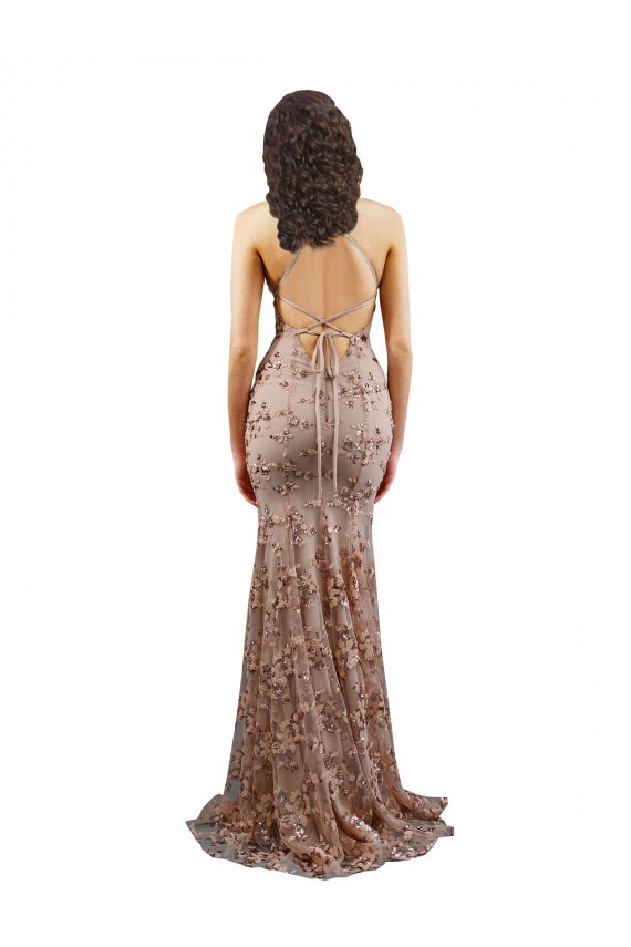 Floral Patterned Backless V-Neckline Sequin Prom Dress