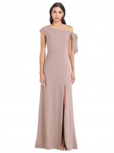 Off the Shoulder Tie Detail Maxi Crepe Prom Dress with Front Slit