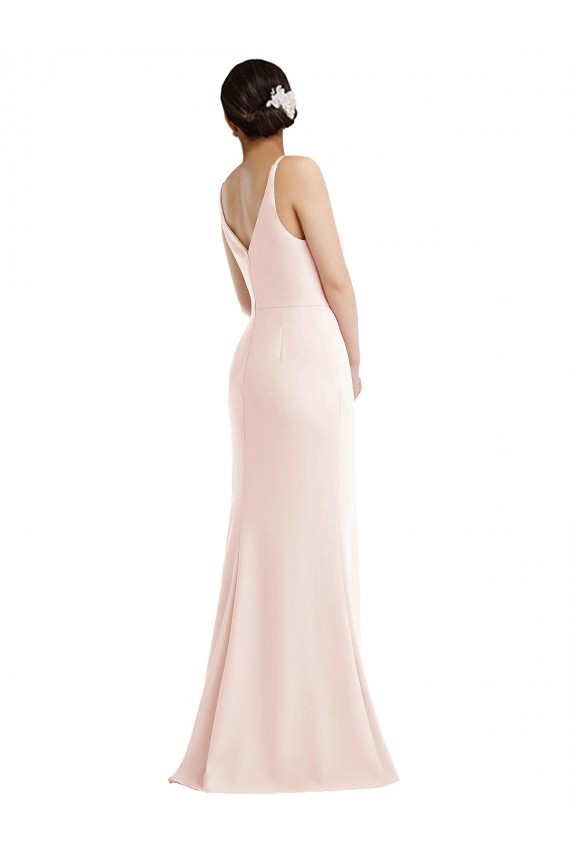 Skinny Strap Deep V-Neck Trumpet Crepe Prom Dress with Front Slit