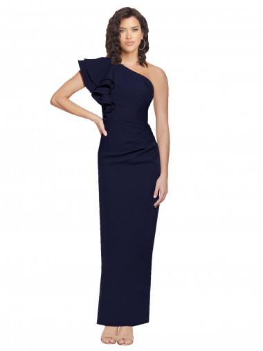 Ruched Floor Length Long Crepe Prom Dress with Shoulder Ruffles
