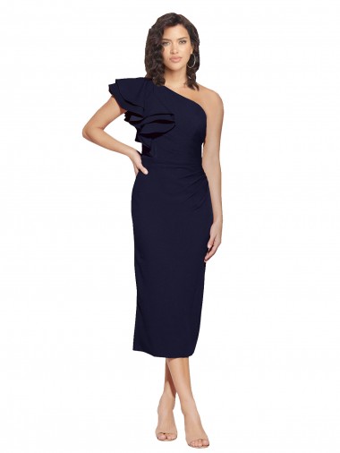 Ruched Midi Length Short Crepe Cocktail Prom Dress / Homecoming Dress with Shoulder Ruffles