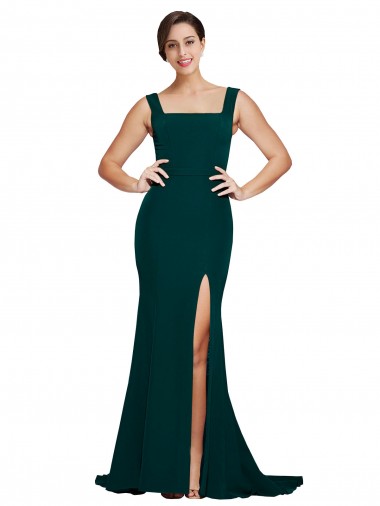 Fitted Square Neck Long Crepe Prom Dress with Train and Side Split