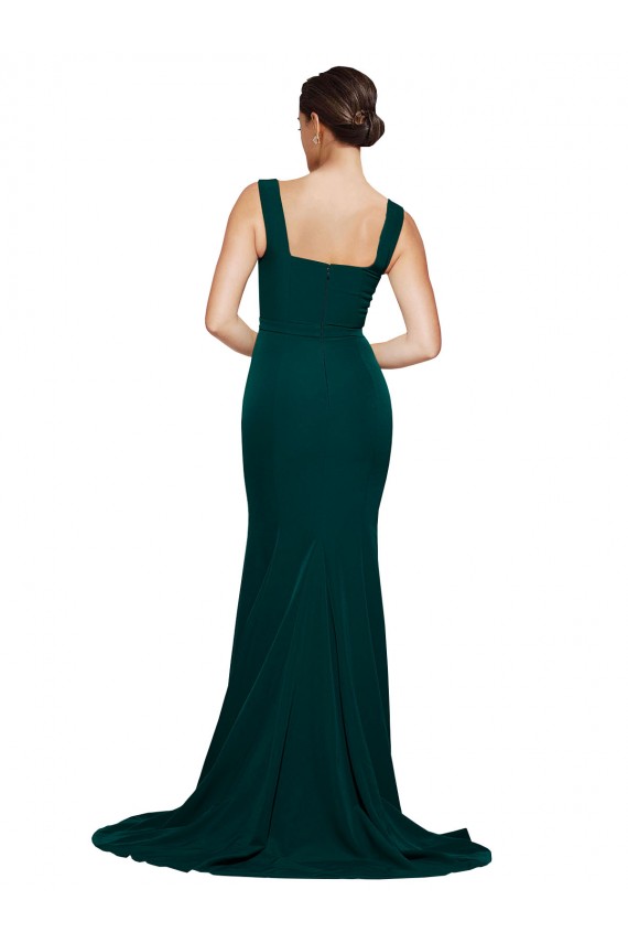 Fitted Square Neck Long Crepe Prom Dress with Train and Side Split
