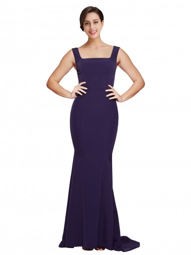 Square Neck Long Sweep Train Crepe Prom Dress with Thick Straps