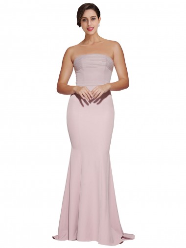 Straight Neck Long Strapless Crepe Prom Dress with Soft Tulle Overlay and Small Train