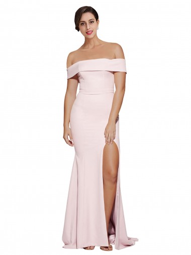 Off Shoulder Long Crepe Prom Dress with Straight Neckline and Side Split